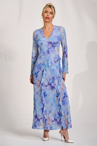 Long Sleeve Ruffle Mesh Maxi Dress, Blue Abstract