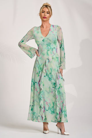 Long Sleeve Ruffle Mesh Maxi Dress, Green Abstract