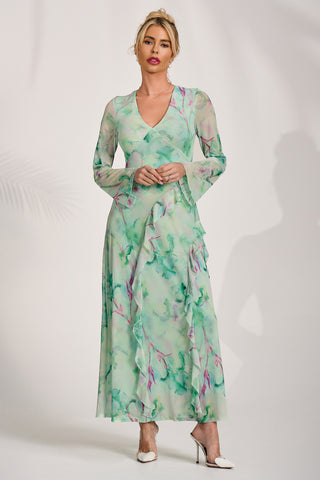 Long Sleeve Ruffle Mesh Maxi Dress, Green Abstract