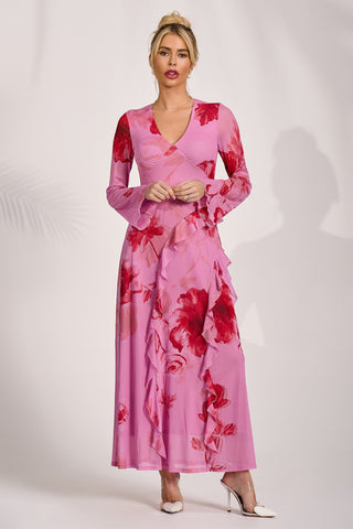 Long Sleeve Ruffle Mesh Maxi Dress, Pink Floral