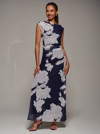 Multiway Neckline Mesh Maxi Dress, Navy Floral