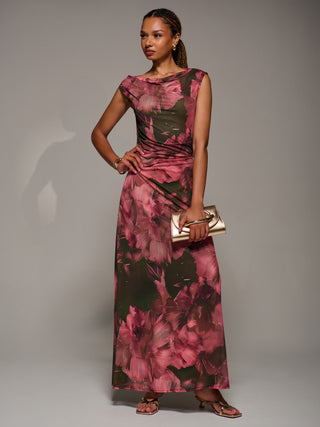 Multiway Neckline Mesh Maxi Dress, Red Abstract