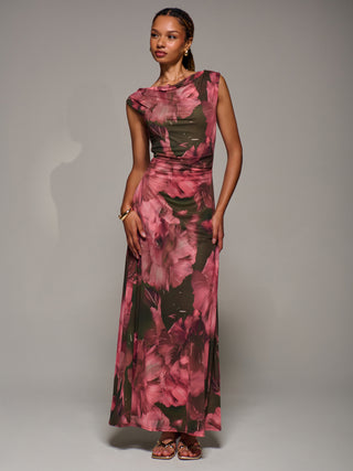 Multiway Neckline Mesh Maxi Dress, Red Abstract