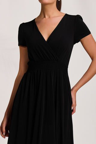Cap Sleeve Printed Jersey Midaxi Dress, Black