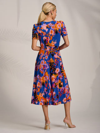 Short Sleeve Printed Jersey Midi Dress, Blue Abstract