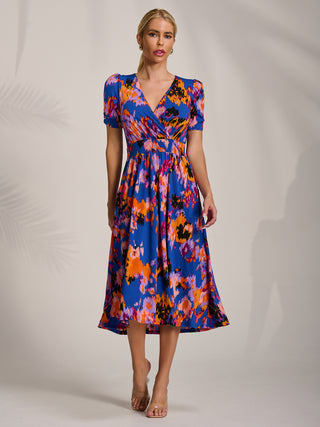 Short Sleeve Printed Jersey Midi Dress, Blue Abstract
