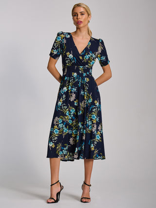 Short Sleeve Printed Jersey Midi Dress, Navy Floral
