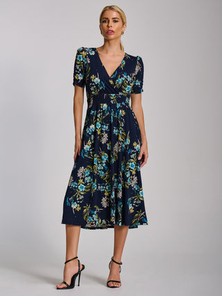 Short Sleeve Printed Jersey Midi Dress, Navy Floral