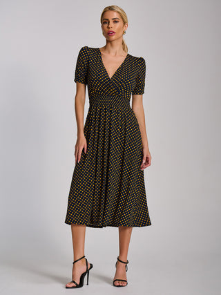 Short Sleeve Printed Jersey Midi Dress, Navy Polka Dot