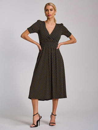 Short Sleeve Printed Jersey Midi Dress, Navy Polka Dot