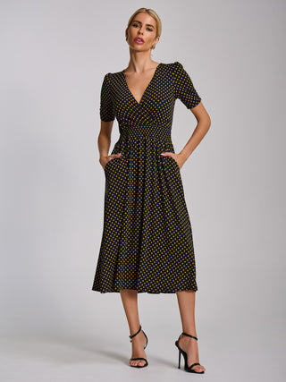 Short Sleeve Printed Jersey Midi Dress, Navy Polka Dot