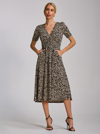 Short Sleeve Printed Jersey Midi Dress, Neutral Animal