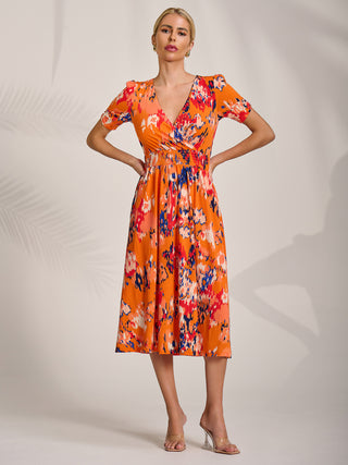 Short Sleeve Printed Jersey Midi Dress, Orange Abstract