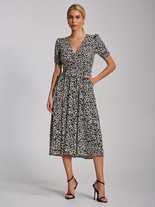 Short Sleeve Printed Jersey Midi Dress, White Animal