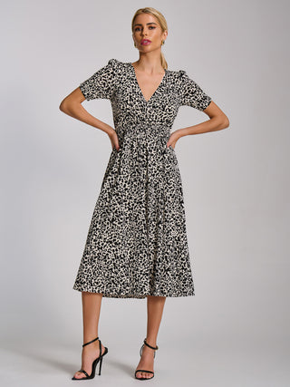Short Sleeve Printed Jersey Midi Dress, White Animal