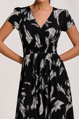 Cap Sleeve Printed Jersey Midaxi Dress, Black Abstract
