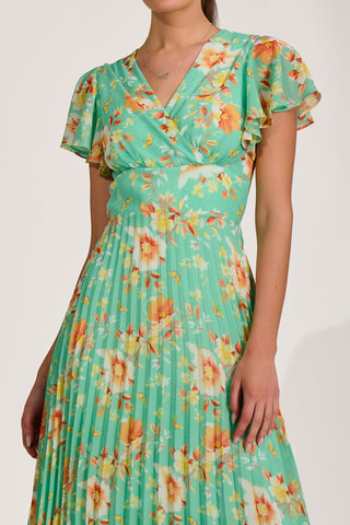 Cap Sleeve Pleated Chiffon Maxi Dress, Green Floral