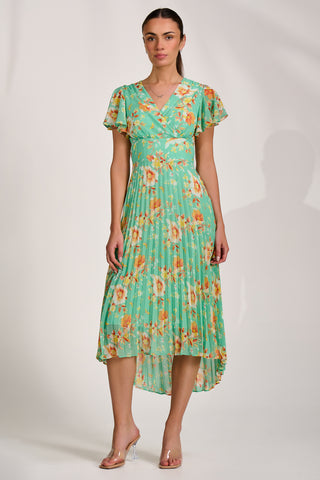 Cap Sleeve Pleated Chiffon Maxi Dress, Green Floral