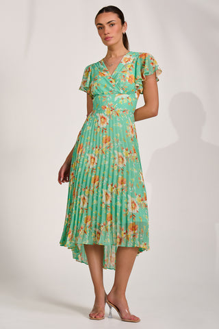 Cap Sleeve Pleated Chiffon Maxi Dress, Green Floral