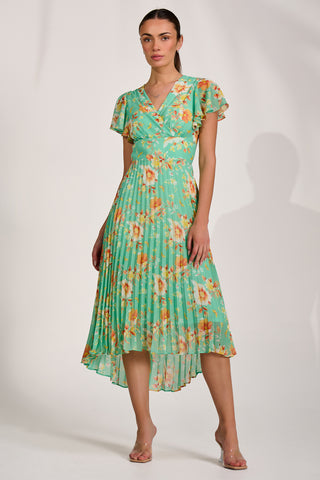 Cap Sleeve Pleated Chiffon Maxi Dress, Green Floral