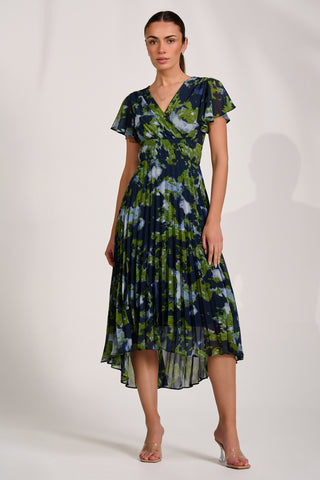 Cap Sleeve Pleated Chiffon Maxi Dress, Navy Abstract