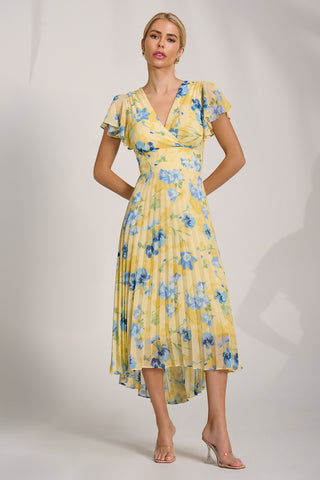 Cap Sleeve Pleated Chiffon Maxi Dress, Yellow Floral