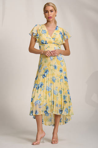 Cap Sleeve Pleated Chiffon Maxi Dress, Yellow Floral