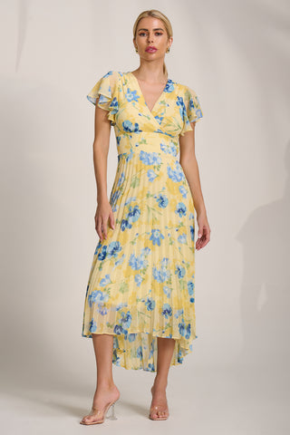Cap Sleeve Pleated Chiffon Maxi Dress, Yellow Floral