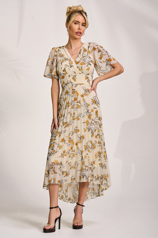 Printed Chiffon Pleated Maxi Dress, Amber Floral
