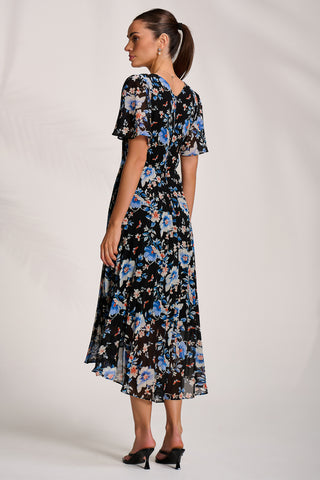 Printed Chiffon Pleated Maxi Dress, Black Floral
