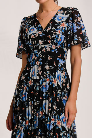Printed Chiffon Pleated Maxi Dress, Black Floral
