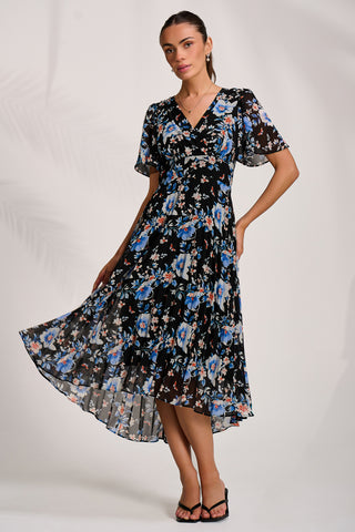 Printed Chiffon Pleated Maxi Dress, Black Floral
