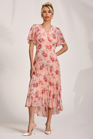Printed Chiffon Pleated Maxi Dress, Coral Floral