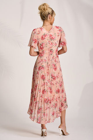 Printed Chiffon Pleated Maxi Dress, Coral Floral