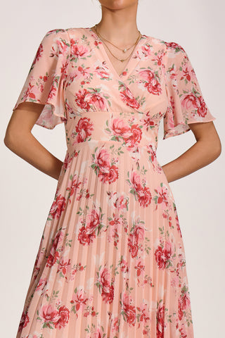 Printed Chiffon Pleated Maxi Dress, Coral Floral