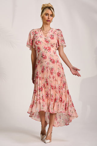 Printed Chiffon Pleated Maxi Dress, Coral Floral