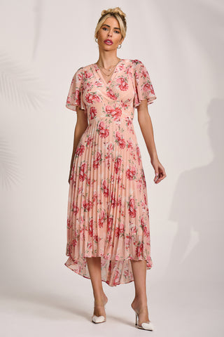 Printed Chiffon Pleated Maxi Dress, Coral Floral