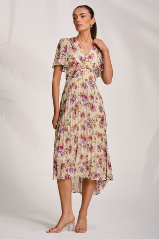 Printed Chiffon Pleated Maxi Dress, Cream Floral