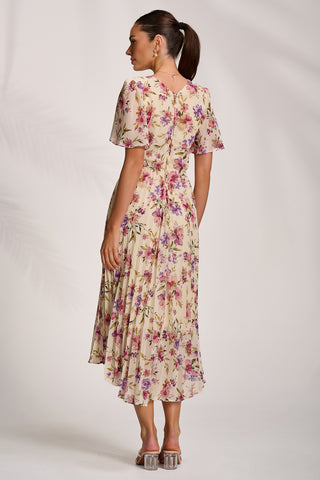 Printed Chiffon Pleated Maxi Dress, Cream Floral