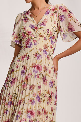 Printed Chiffon Pleated Maxi Dress, Cream Floral