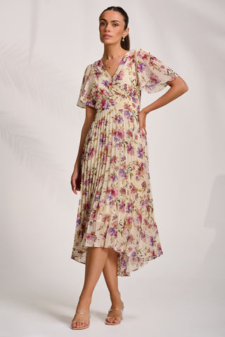 Printed Chiffon Pleated Maxi Dress, Cream Floral