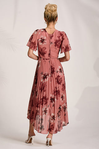Printed Chiffon Pleated Maxi Dress, Mauve Floral