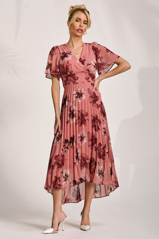 Printed Chiffon Pleated Maxi Dress, Mauve Floral
