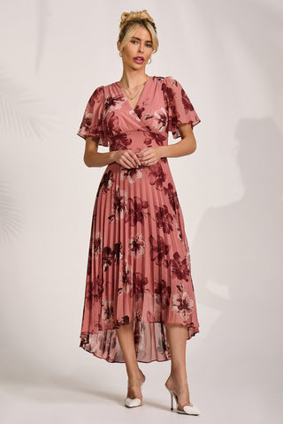 Printed Chiffon Pleated Maxi Dress, Mauve Floral