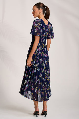 Printed Chiffon Pleated Maxi Dress, Navy Floral