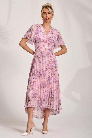 Printed Chiffon Pleated Maxi Dress, Pink Floral