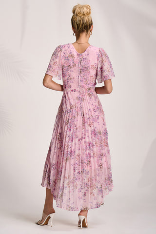 Printed Chiffon Pleated Maxi Dress, Pink Floral