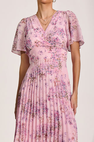 Printed Chiffon Pleated Maxi Dress, Pink Floral