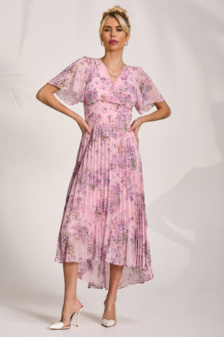 Printed Chiffon Pleated Maxi Dress, Pink Floral