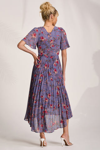 Printed Chiffon Pleated Maxi Dress, Purple Floral